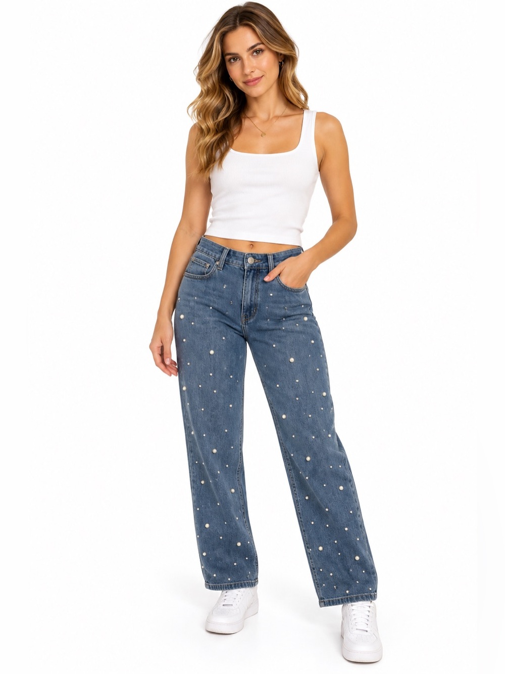 NWT Soft Surroundings Pearl-Embellished Straight Leg Jeans Womens Size 6P